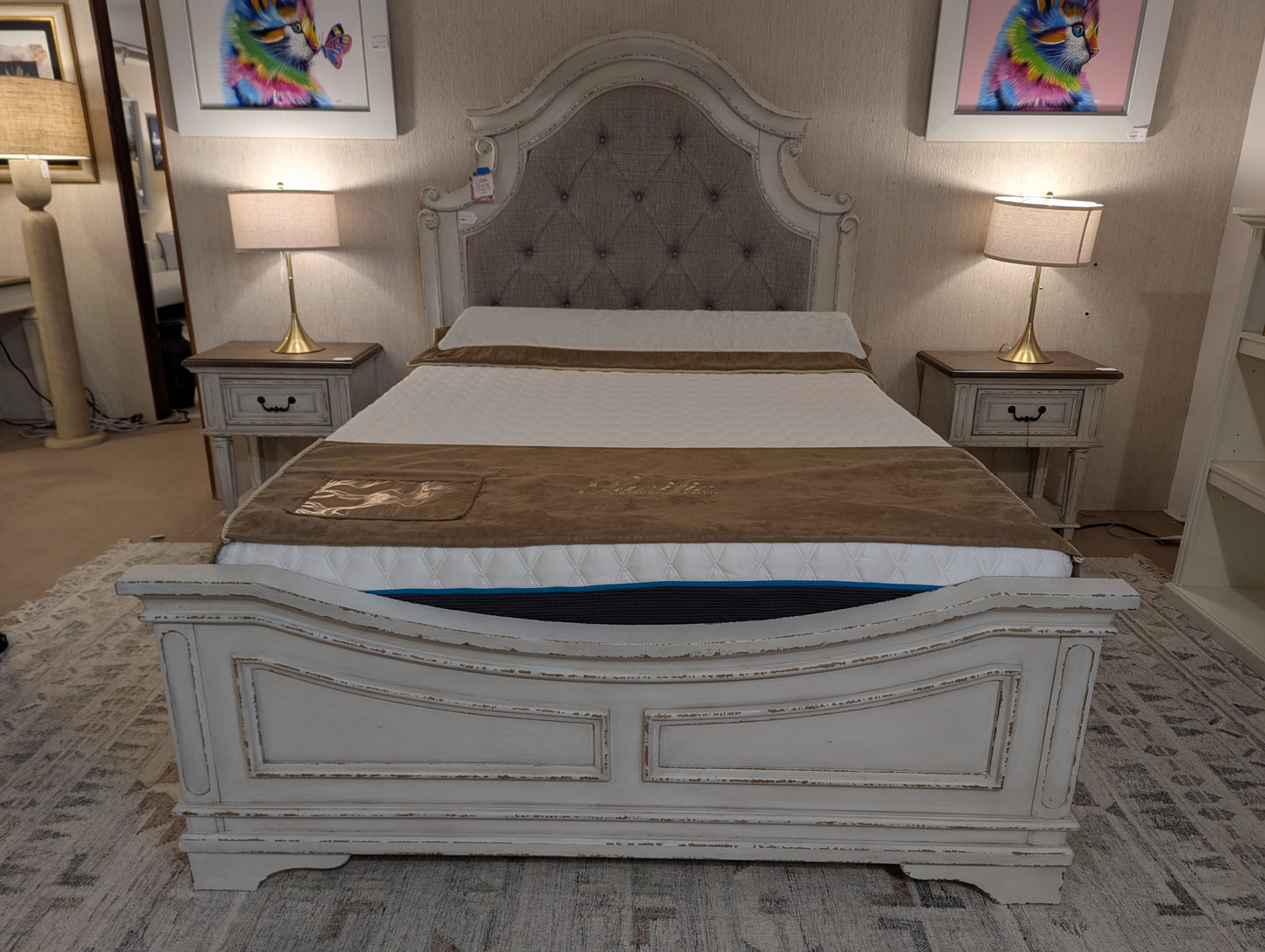 White padded queen bedframe